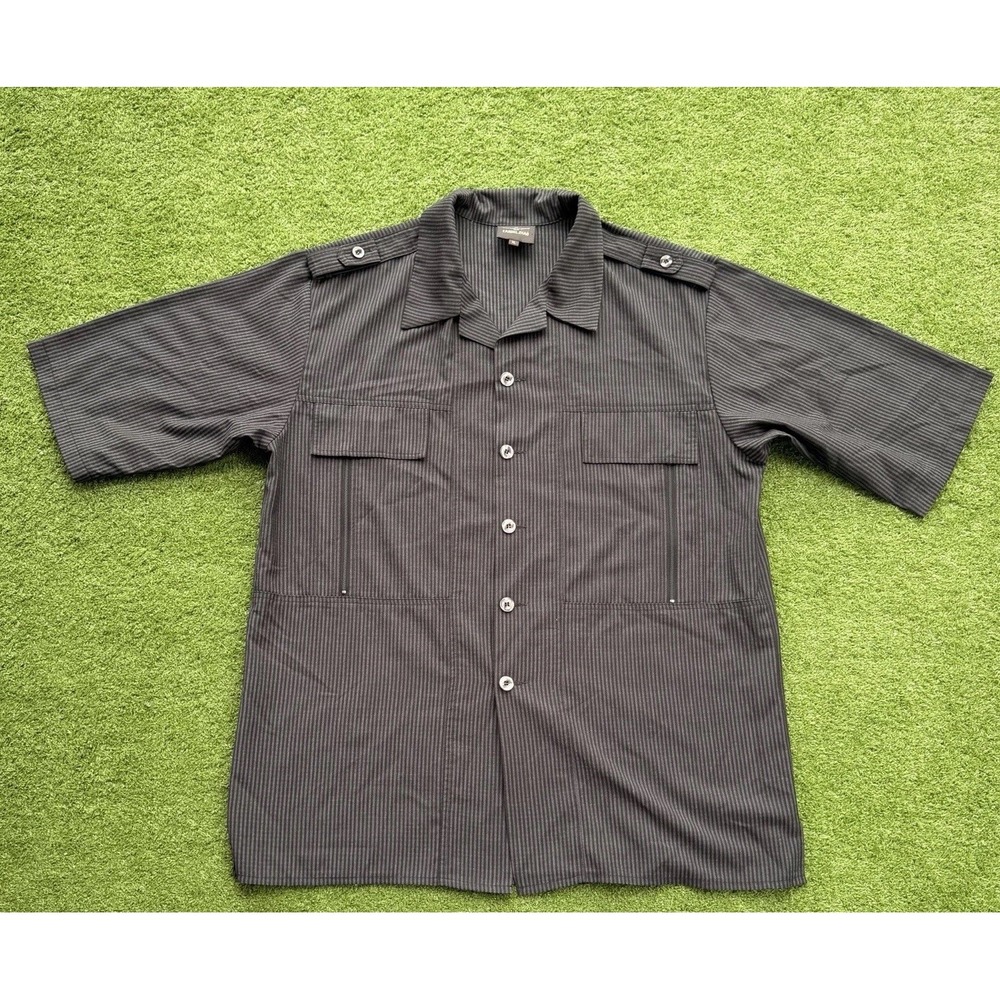 Carmel Zhao Men's‎ XL Gray Pinstripe Button Up Shirt Short Sleeve Cotton Blend